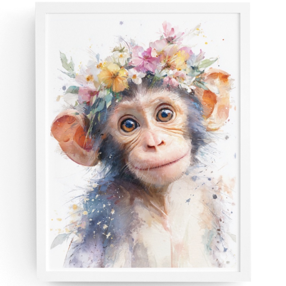 Watercolor Floral Monkey Portrait Wall Art Print Unframed - Playful Jungle Charm - Picture 1 of 6